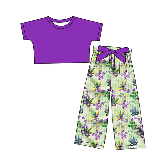12.10(Custom Design Preorder MOQ 5) Purple Top Mask Pants Girls Mardi Gras Clothes Set