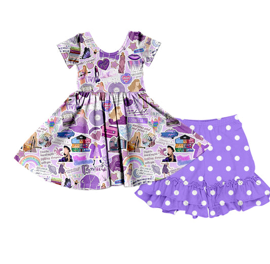 (Custom Design Preorder MOQ 5) Singer Tunic Top Purple Dots Shorts Girls Summer Clothes Set