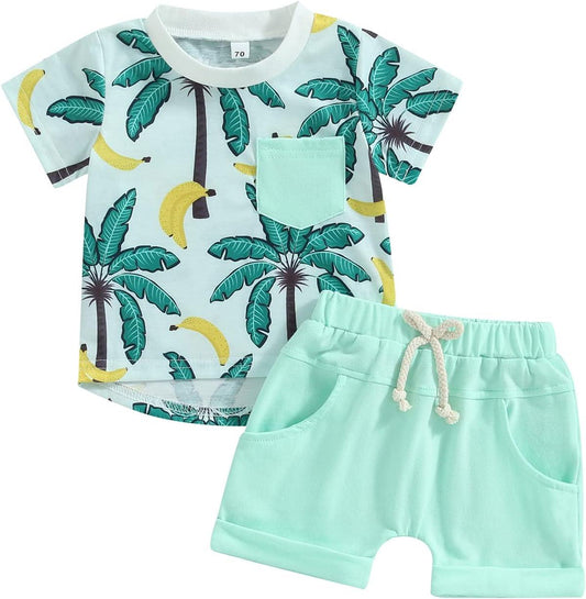 (Custom Design Preorder MOQ 5) Banana Tree Print Pocket Top Shorts Boys Summer Clothes Set