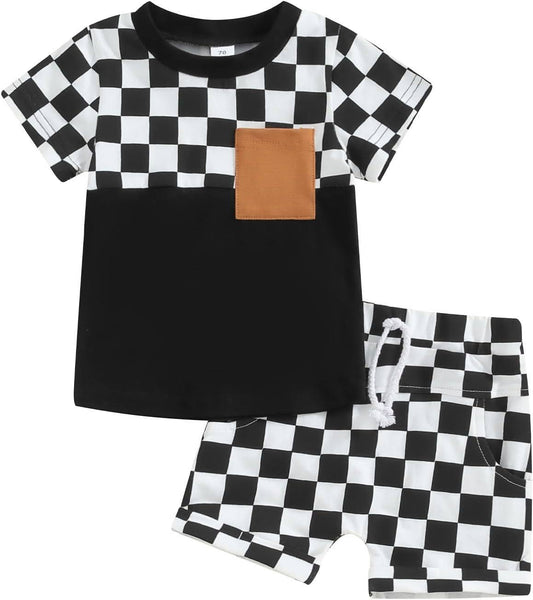 (Custom Design Preorder MOQ 5) Pocket Top Black Plaid Shorts Boys Summer Clothes Set