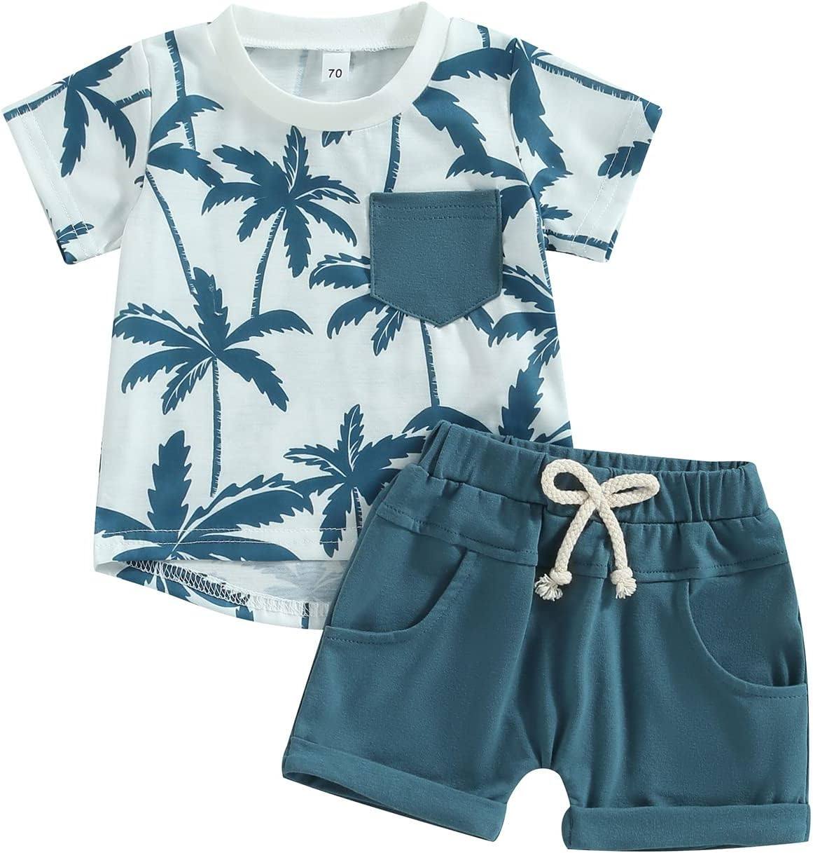 (Custom Design Preorder MOQ 5) Coconut Tree Print Pocket Top Shorts Boys Summer Clothes Set