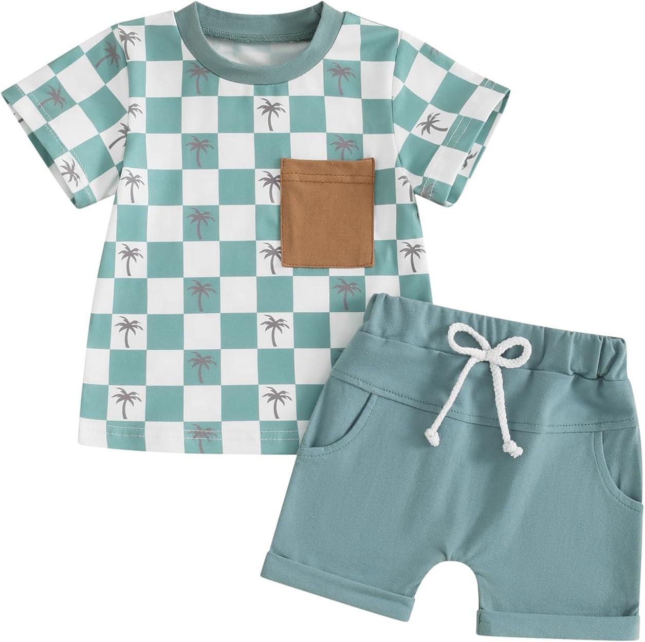 (Custom Design Preorder MOQ 5) Coconut Tree Plaid Print Pocket Top Shorts Boys Summer Clothes Set