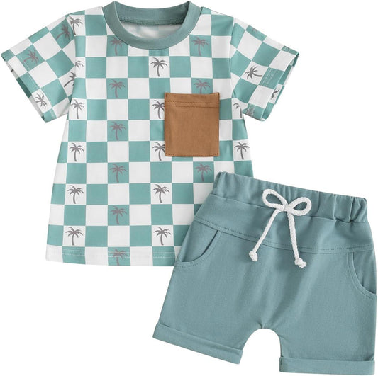 (Custom Design Preorder MOQ 5) Coconut Tree Plaid Print Pocket Top Shorts Boys Summer Clothes Set