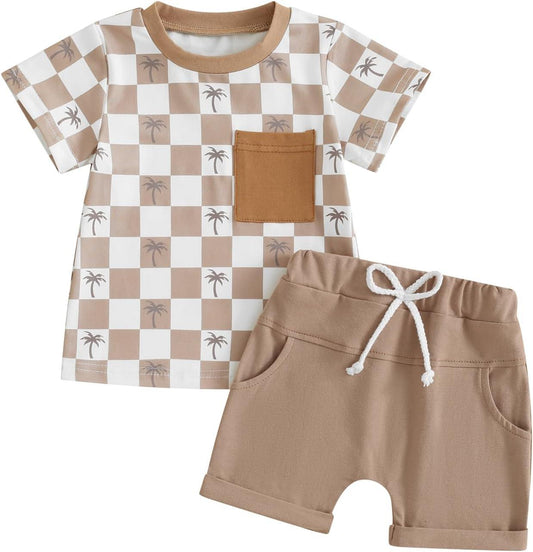 (Custom Design Preorder MOQ 5) Coconut Tree Plaid Print Pocket Top Shorts Boys Summer Clothes Set