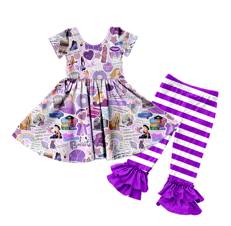 (Custom Design Preorder MOQ 5) Singer Tunic Top Purple Stripes Pants Girls Clothes Set