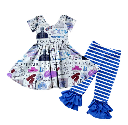 (Custom Design Preorder MOQ 5) Singer Tunic Top Blue Stripes Pants Girls Clothes Set