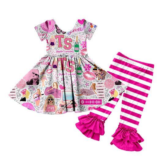 (Custom Design Preorder MOQ 5) Singer Tunic Top Pink Stripes Pants Girls Clothes Set
