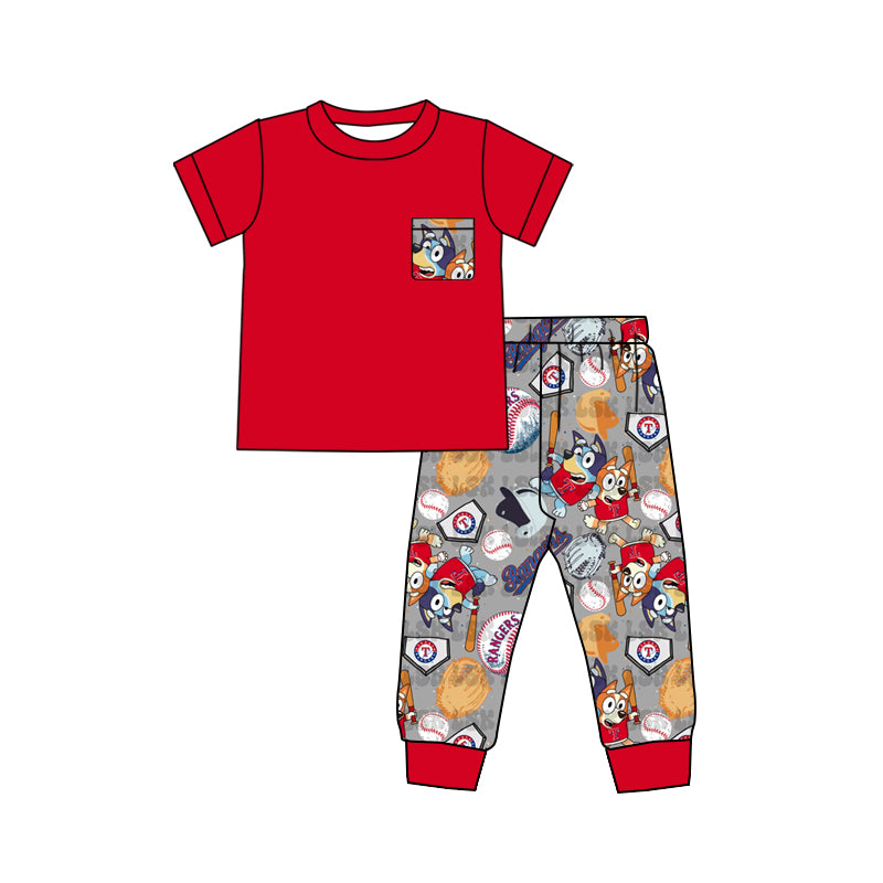 (Custom Design Preorder MOQ 5) Red Pocket Top Cartoon Dog Baseball Pants Boys Clothes Set