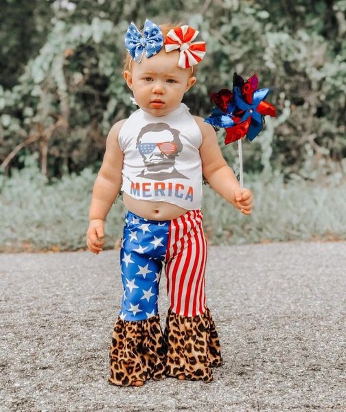 (Custom Design Preorder MOQ 5) Merica Halter Top Stars Leopard Bell Pants Girls 4th of July Clothes Set