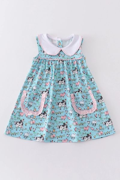 (Custom Design Preorder MOQ 5) Farm Animals Print Pockets Girls Knee Length Summer Dress