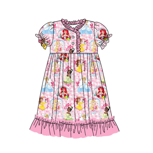 12.16(Custom Design Preorder MOQ 5) Cartoon Princess Pink Print Girls Summer Ankle Length Nightdress