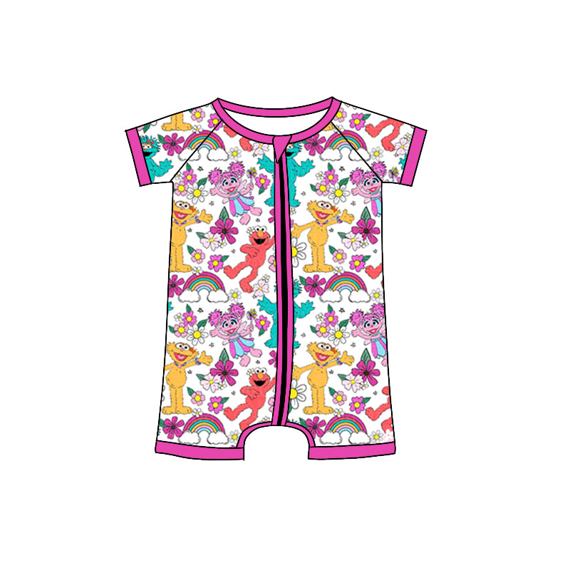 (Custom Design Preorder MOQ 5) Flowers Cartoon Figure Print Baby Girls Zipper Romper