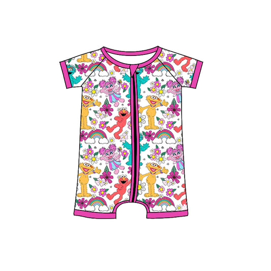 (Custom Design Preorder MOQ 5) Flowers Cartoon Figure Print Baby Girls Zipper Romper