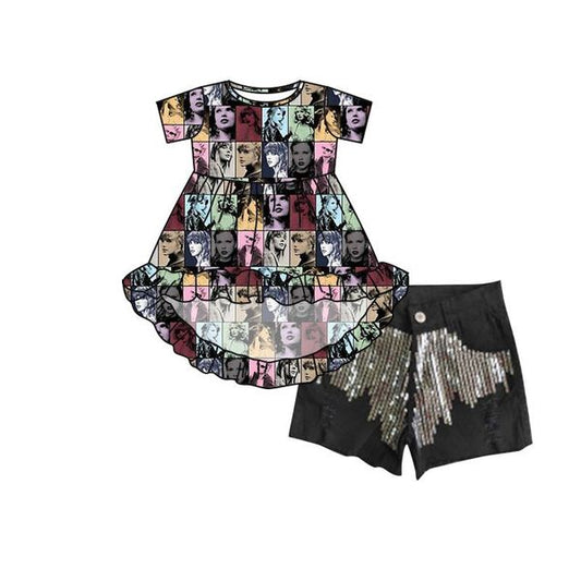 (Custom Design Preorder MOQ 5)D8-4 Swiftie High-Low Top Black Sequins Denim Shorts Girls Summer Clothes Set