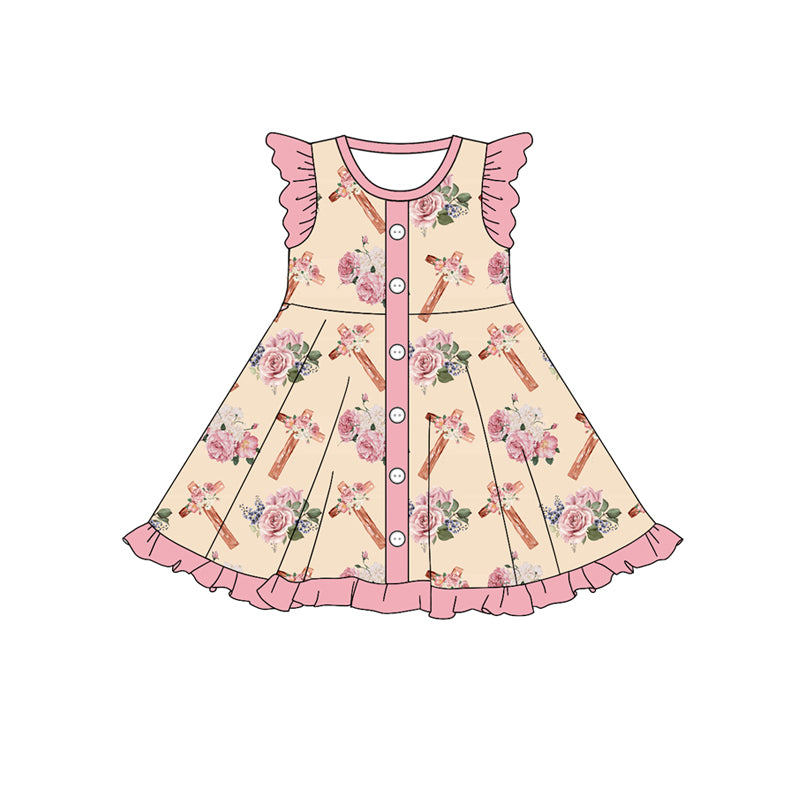 (Custom Design Preorder MOQ 5) Cross Flowers Print Girls Easter Knee Length Dress