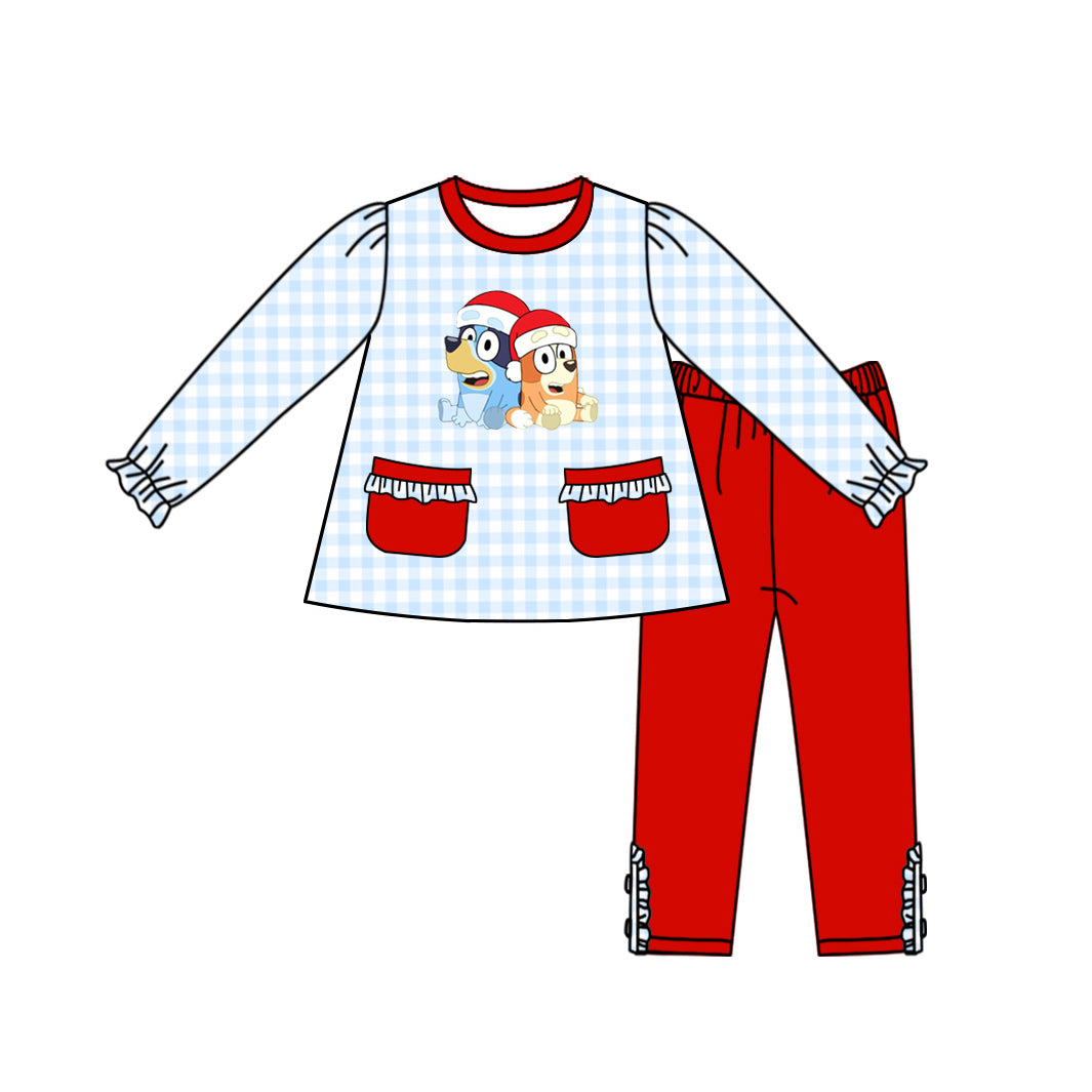 (Custom Design Preorder MOQ 5)  Cartoon Dog Pockets Tunic Top Red Pants Girls Christmas Clothes Set