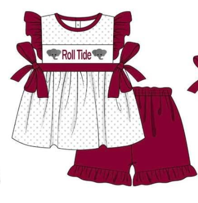 (Custom Design Preorder MOQ 5)  Team's Alabama Tunic Top Wine Ruffle Shorts Girls Summer Clothes Set