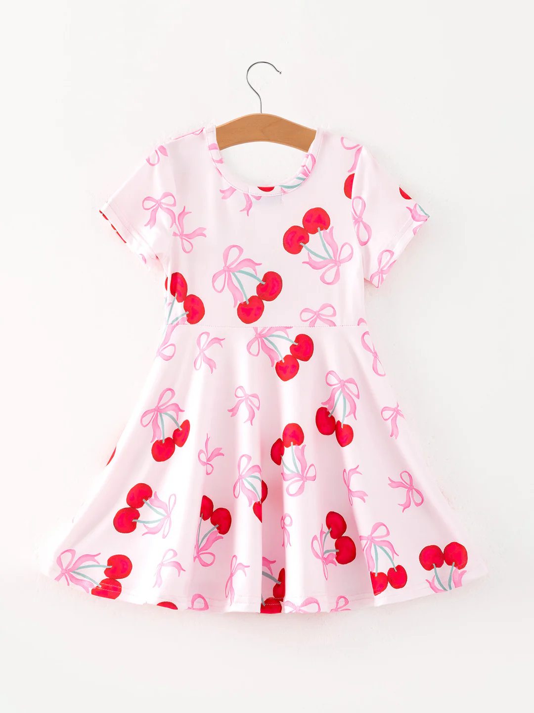 (Custom Design Preorder MOQ 5) Cherry Bows Print Girls Summer Knee Length Dress