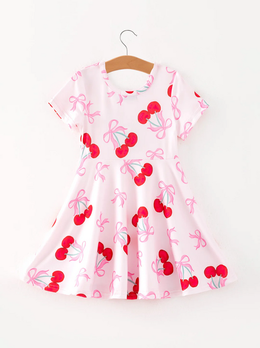 (Custom Design Preorder MOQ 5) Cherry Bows Print Girls Summer Knee Length Dress