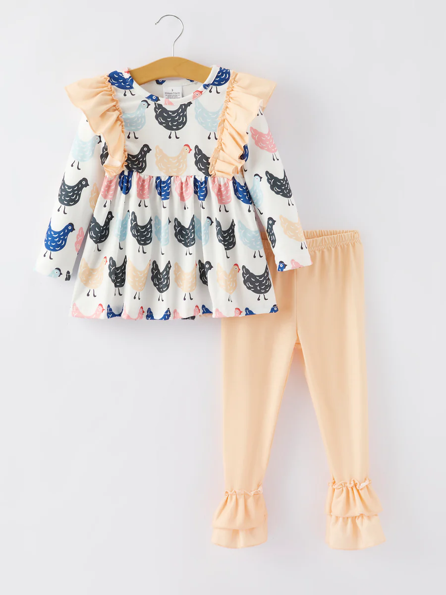 (Custom Design Preorder MOQ 5) Chicken Tunic Top Ruffle Pants Girls Clothes Set