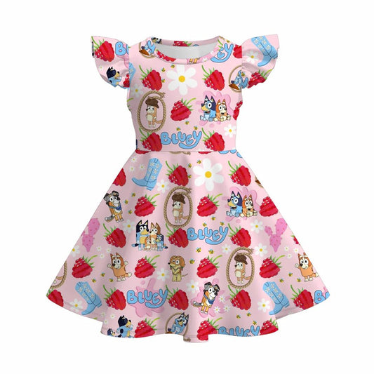 (Custom Design Preorder MOQ 5) Cartoon Dog Strawberry Print Girls Summer Knee Length Dress