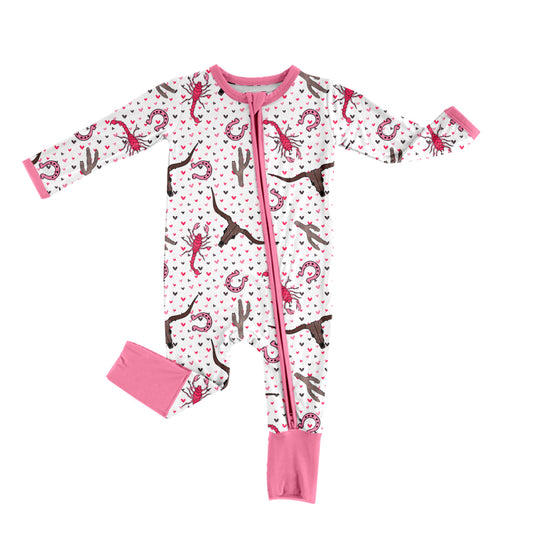 (Custom Design Preorder MOQ 5)  Cow Skull Heart Print Baby Girls Western Bamboo Sleeper Zipper Romper