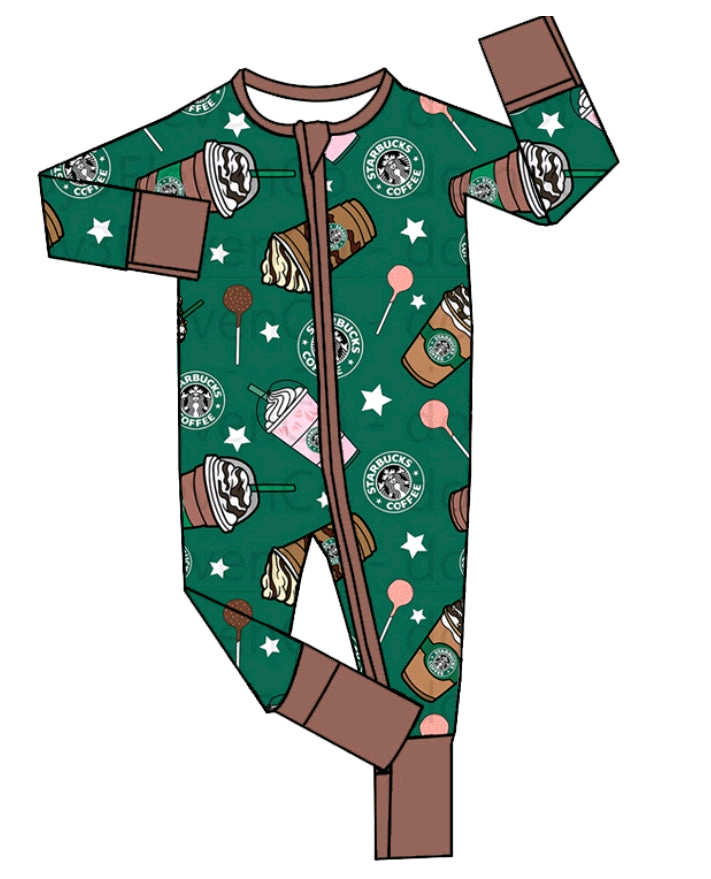 (Custom Design Preorder MOQ 5 ) Coffee Green Print Baby Girls Fall Sleeper Zipper Romper