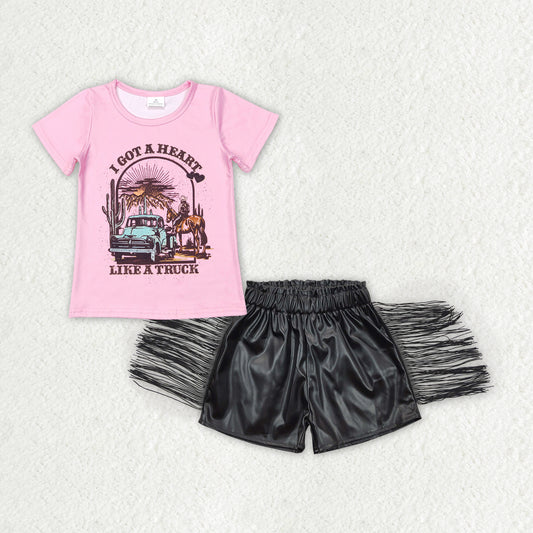 GSSO0666 Pink Got Heart Like Truck Top Black Tassels Shorts Girls Summer Outfits