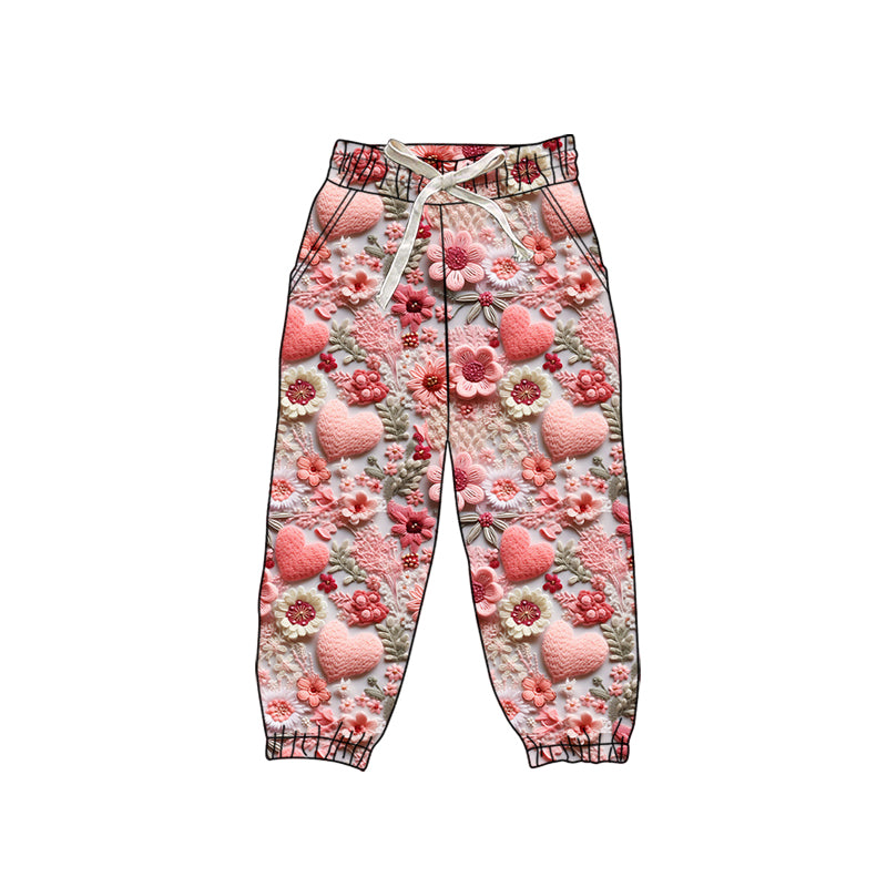 (Custom Design Preorder MOQ 5) Pink Hears Flowers Print Girls Valentine's Day Bottom Pants