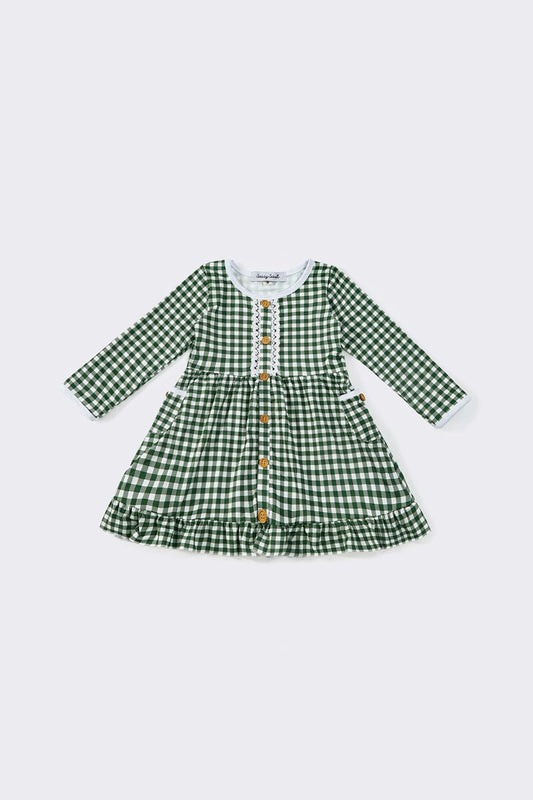 (Custom Design Preorder MOQ 5) Green Plaid Print Girls Knee Length Christmas Dress