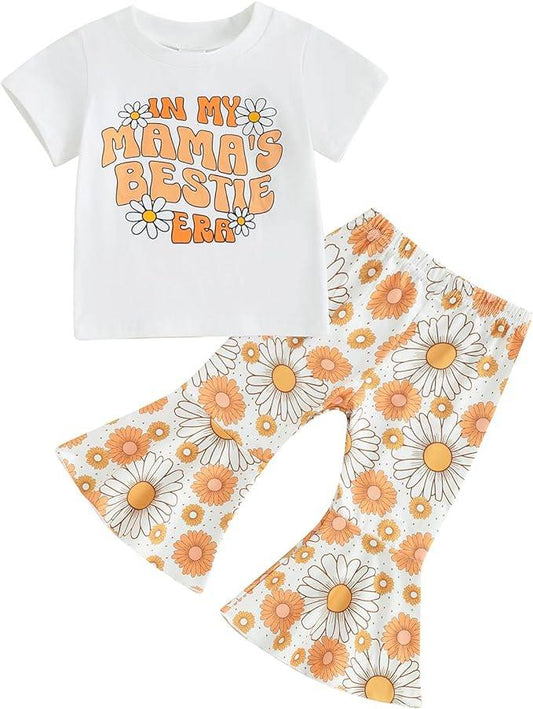 (Custom Design Preorder MOQ 5) In My Mama's Bestie ERA Flowers Print Girls Bell Pants Clothes Set