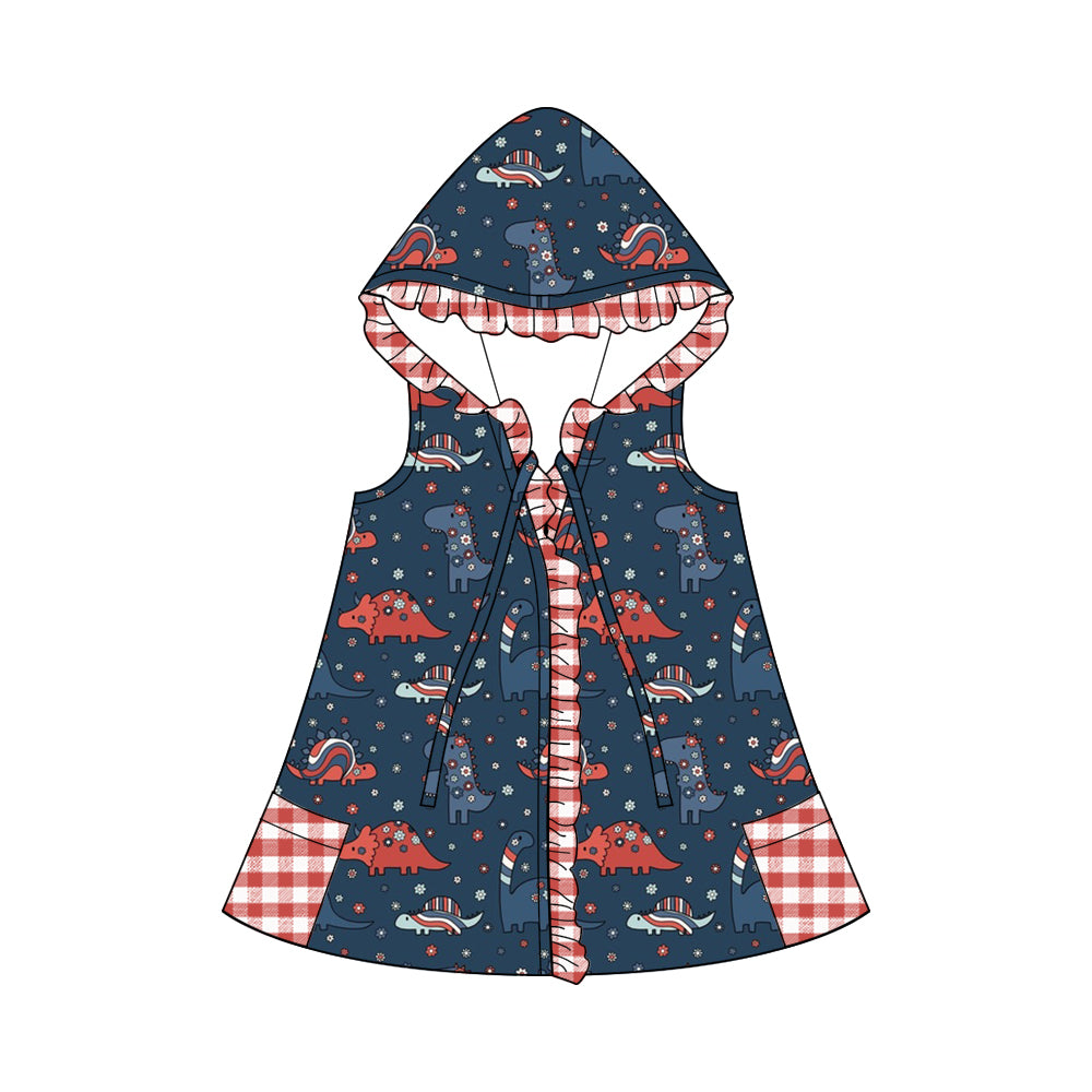 (Custom Design Preorder MOQ 5)  Dino Flowers Print Girls 4th of July Hooded Swimming Coverup