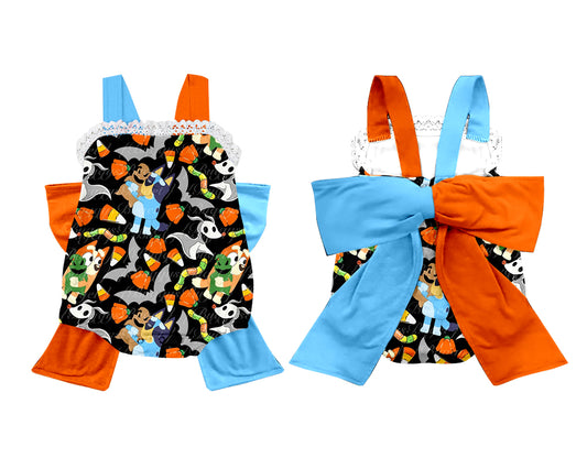 (Custom Design Preorder MOQ 5) Cartoon Dog Candy Print Baby Girls Halloween Romper Big Bow On the Back