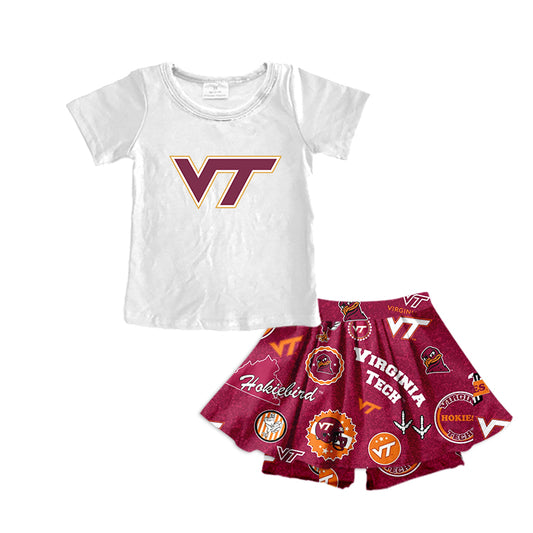 (Custom Design Preorder MOQ 5) Team's VT Wine Print Skirts With Shorts Girls Summer Clothes Sets