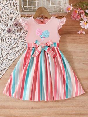 (Custom Design Preorder MOQ 5)  Pink Cotton Candy Stripes Print Girls Knee Length Summer Dress