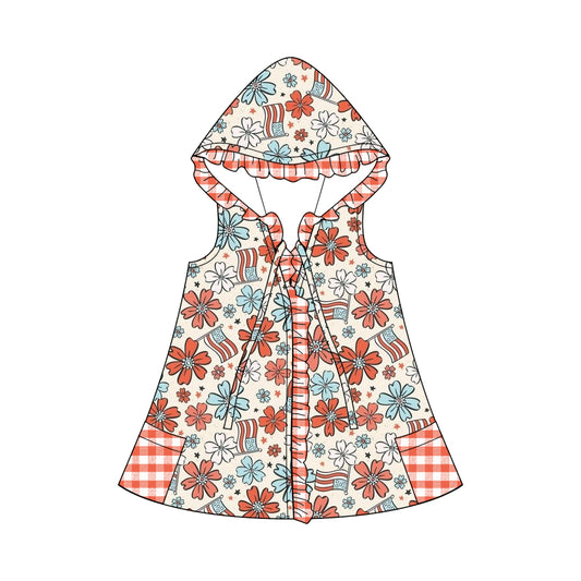 (Custom Design Preorder MOQ 5)  Flags Flowers Print Girls 4th of July Hooded Swimming Coverup