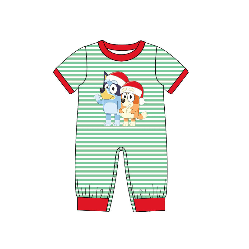 (Custom Design Preorder MOQ 5) Cartoon Dog Green Stripes Print Baby Boys Christmas Romper