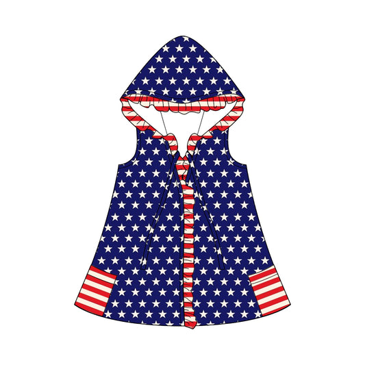 (Custom Design Preorder MOQ 5)  Stars Print Girls 4th of July Hooded Swimming Coverup