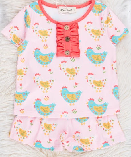 (Custom Design Preorder MOQ 5) Chicken Flowers Print Girls Summer Pajamas Clothes Set