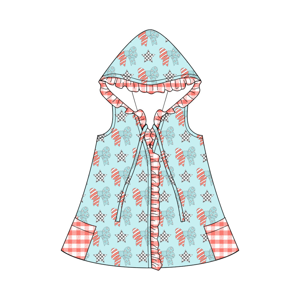 (Custom Design Preorder MOQ 5)  Stars Bows Print Girls 4th of July Hooded Swimming Coverup