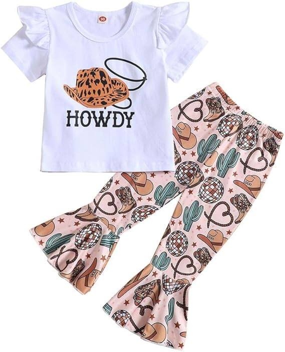 (Custom Design Preorder MOQ 5) Howdy Hat Disco Cactus Print Girls Bell Pants Western Clothes Set