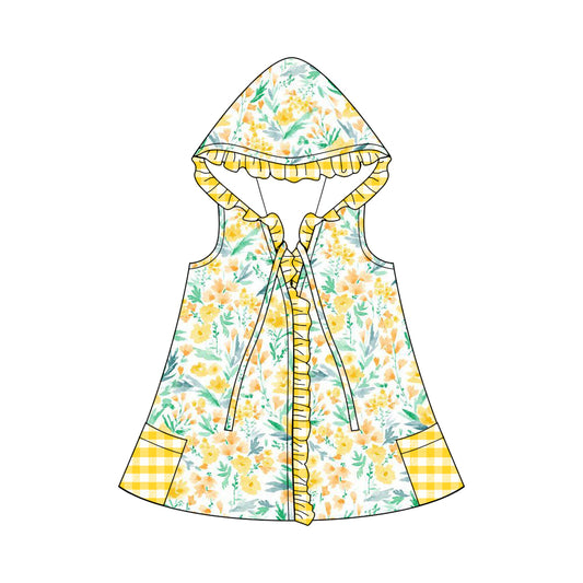 (Custom Design Preorder MOQ 5)  Yellow Flowers Print Girls Hooded Swimming Coverup