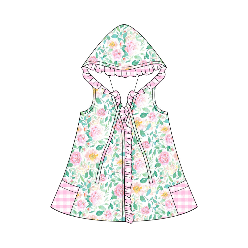 (Custom Design Preorder MOQ 5)  Pink Flowers Print Girls Hooded Swimming Coverup