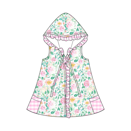 (Custom Design Preorder MOQ 5)  Pink Flowers Print Girls Hooded Swimming Coverup