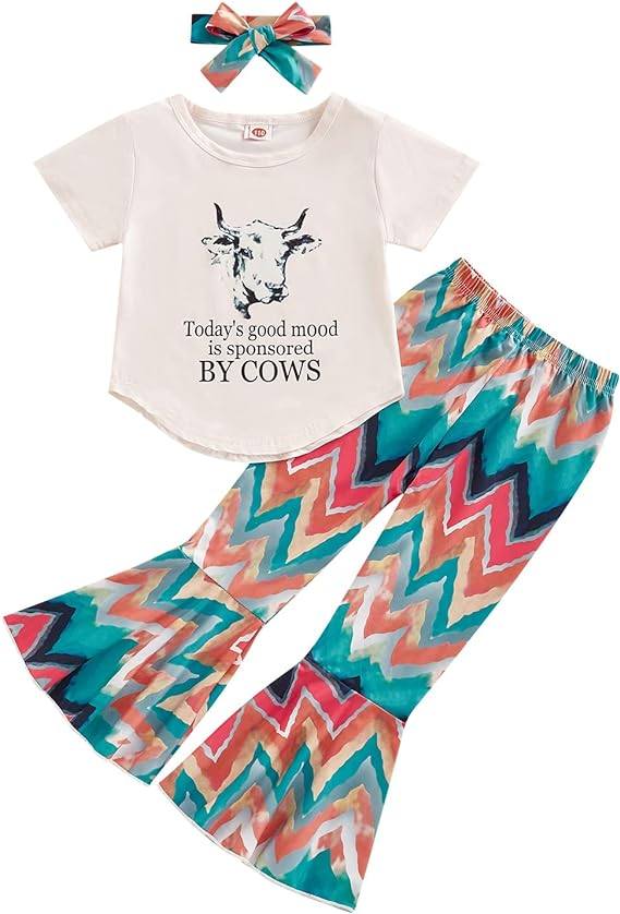(Custom Design Preorder MOQ 5) By Cows Print Girls Bell Pants Western Clothes Set