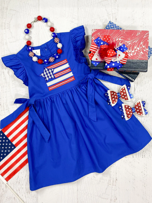 (Custom Design Preorder MOQ 5) Flag Blue Print Girls 4th of July Knee Length Dress