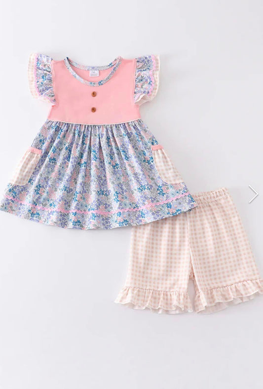 (Custom Design Preorder MOQ 5) Flowers Top Plaid Shorts Girls Summer Clothes Set