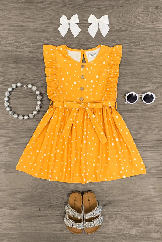 (Custom Design Preorder MOQ 5) Mustard Dots Print Girls Knee Length Summer Dress