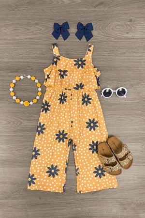 (Custom Design Preorder MOQ 5) Mustard Flowers Print Girls Summer Jumpsuits