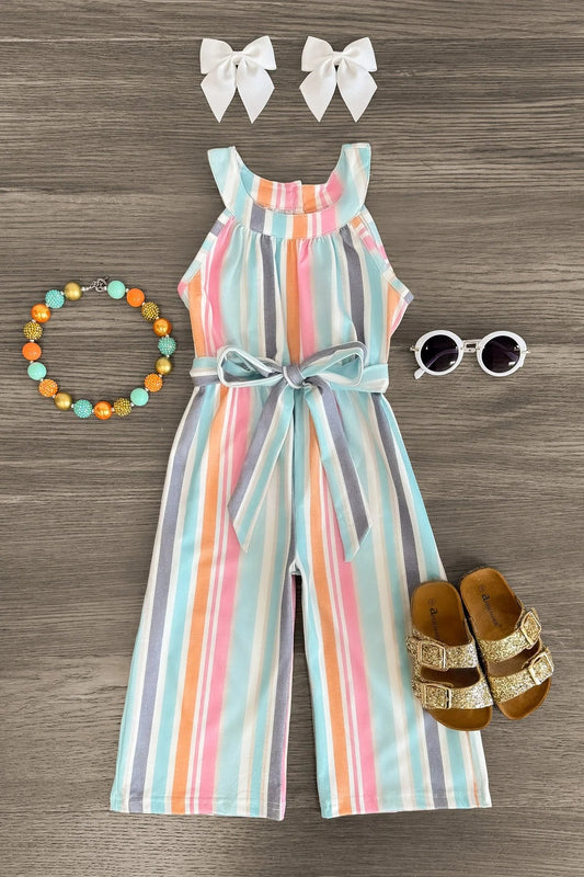 (Custom Design Preorder MOQ 5) Stripes Print Girls Summer Jumpsuits